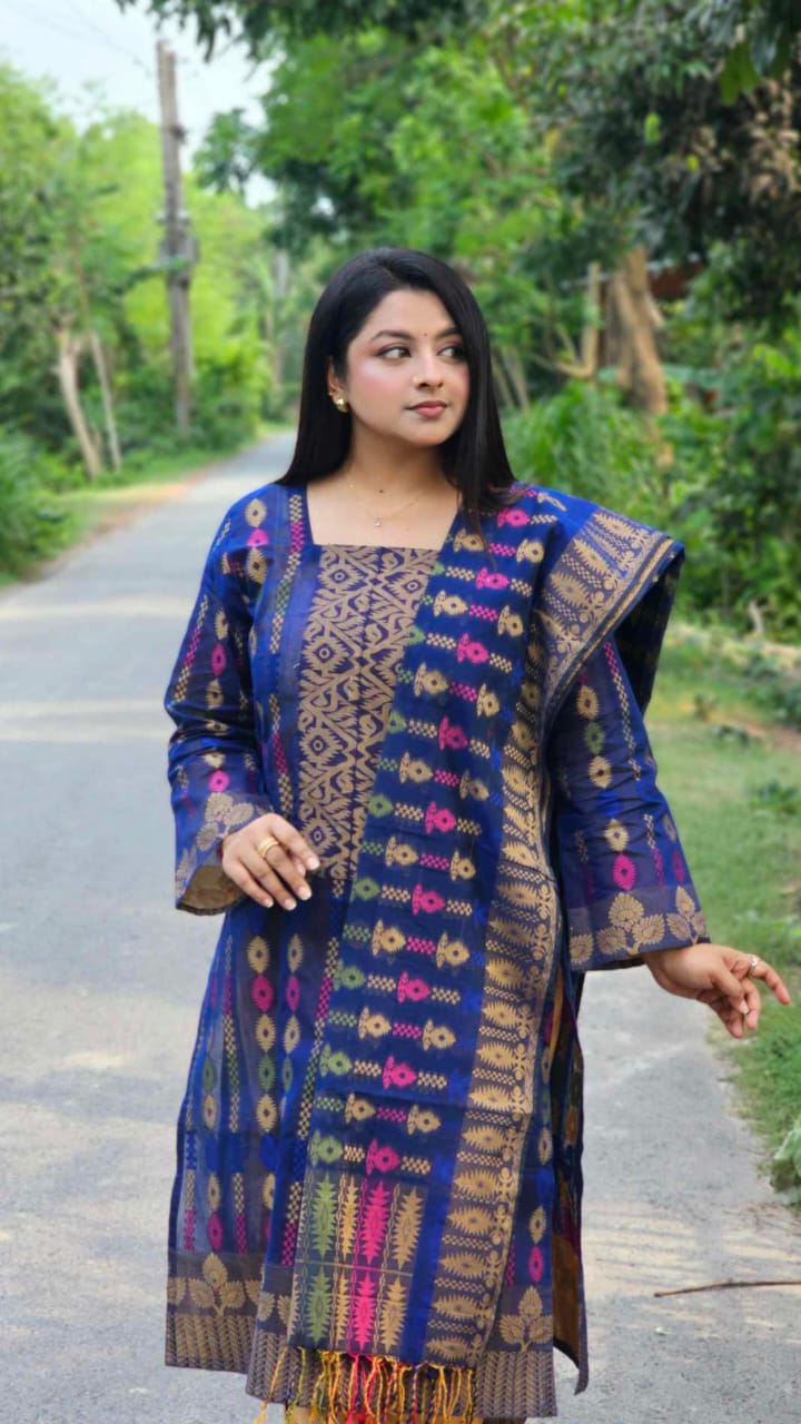 New Handmade Jamdani Work Cotton Drass-Royal Blue