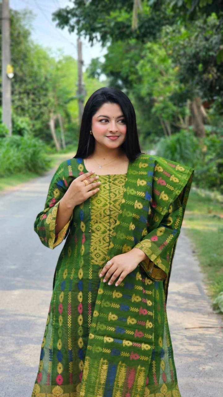 New Handmade Jamdani Work Cotton Drass-Olive Green